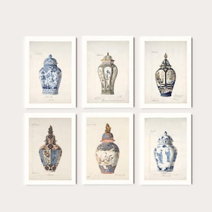 Juego de 6 impresiones de acuarela en tarros estilo chinoiserie, seis pósteres de jarrones orientales en gris azulado, arte mural asiático, cerámica francesa, decoración antigua para el hogar