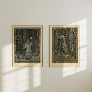 Ivan Bilibin Print Set, Vasilisa At The Hut + Baba Yaga | Vintage Fairy Tale Illustration Print Polish Folklore Fine Art Wall Poster Picture