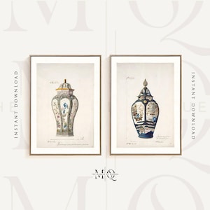 2er Set Chinoiserie Glas Aquarelldrucke, 2 Stück blau graue orientalische Vase Poster, asiatische Wandkunst, französische Keramik, antikes Wohndekor