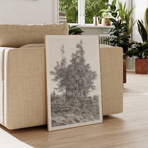 Adrianus Koogh No5 | Wald Bauernhof Landschaft Skizze, Vintage Baum Zeichnung Druck, Lithographie Gravur Wandkunst, Bauernhaus Cottage Poster