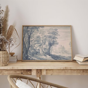 Italian Scenery Landscape Painting | Blue Pen Ink Drawing, Vintage Countryside Print, Forest Wall Art Decor, Chinoiserie Farmhouse Poster