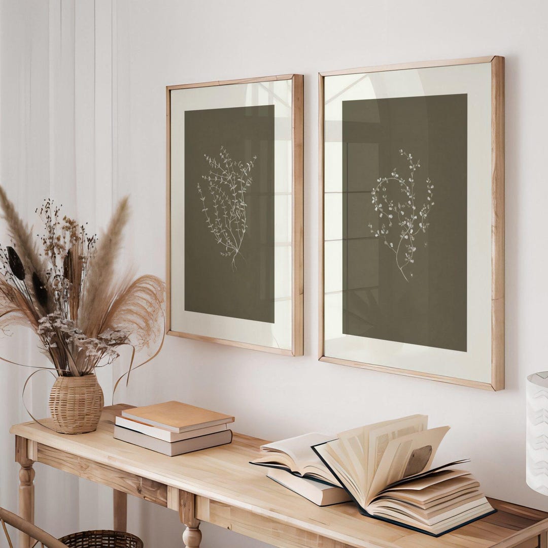 Set of 2 Botany Study Drawing Prints | Two Olive Green Herbarium ...