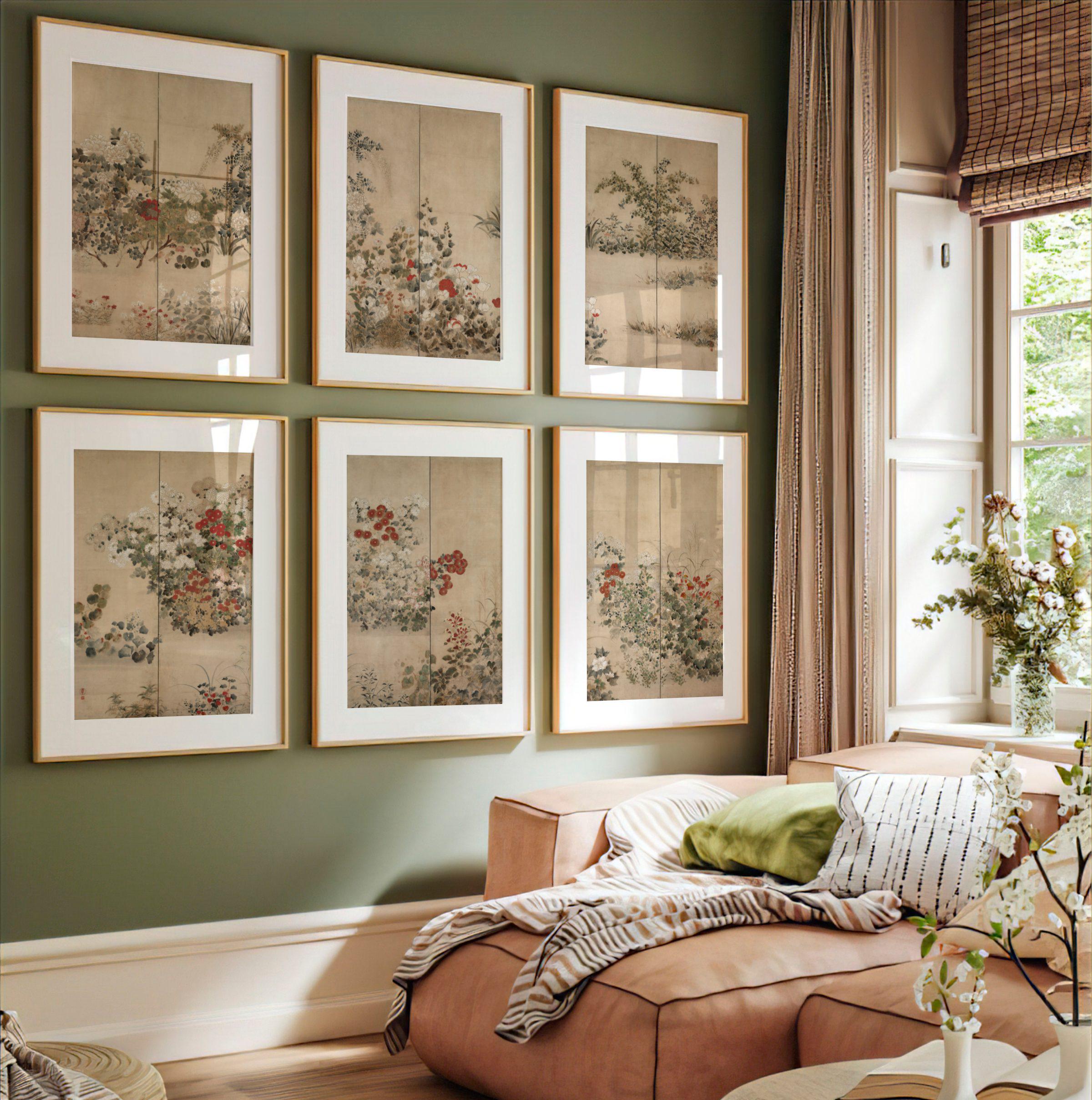 Set of 6 Flowers and Grasses Prints | Six Panel Japanese Triptych