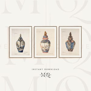 Juego de 3 impresiones de acuarela de jarrones de estilo chinoiserie n.º 457, pósteres de jarrones orientales de tres piezas, arte mural chino, cerámica francesa, decoración vintage para el hogar