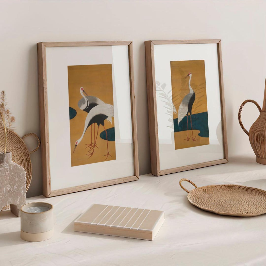 Set of 2 Suzuki Kiitsu Cranes Prints | 18th Century Gold Japanese