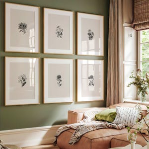 Lot de 6 tirages de dessins de fleurs vintage | Six affiches de dessin botanique en noir et blanc, art mural gris, image d'oeuvre d'art, décoration d'intérieur BHLB 1-6