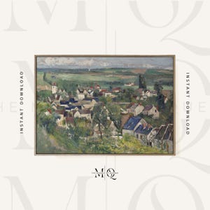 May include: An impressionistic landscape painting of a village with white houses, blue roofs, and green trees. The artwork is framed in a light brown wooden frame. The words "INSTANT DOWNLOAD" are printed vertically on the left and right sides of the image. The logo "MQ The Masque of Queens" is at the bottom.