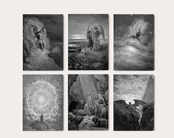 Set of 6 Gustave Dore Prints | Antique Gothic Woodcut Etching Posters, Demonic Wall Art, Horror Art Pictures of Hell, Death & Sin Home Decor