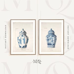 2er Set Chinoiserie Glas Aquarelldrucke, 2 Stück blau graue orientalische Vase Poster, asiatische Wandkunst, französische Keramik, antikes Wohndekor