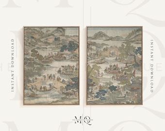 Conjunto de 2 impresiones del Festival del Barco Dragón / Dos carteles festivos chinos, arte de pared con paneles de estilo chinoiserie vintage, regalos de decoración tradicional asiática para el hogar