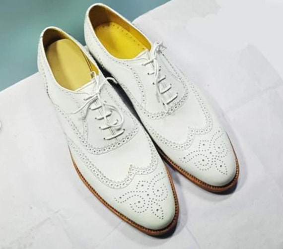 Zapatos Oxford de cuero blanco genuino para hombre, con punta de