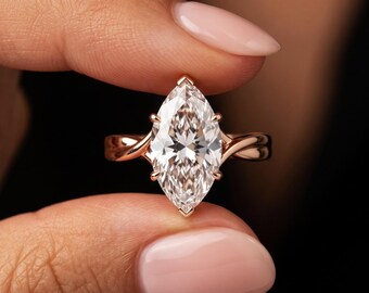 Anillo de diamantes cultivados en laboratorio con talla maruise de 2,5 quilates, anillo con vástago de vid retorcida, anillo de compromiso solitario, anillo retorcido infinito de oro de 14k
