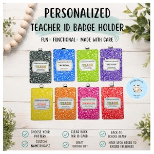 May include: Eight rectangular ID badge holders featuring a composition book pattern in black, blue, green, purple, yellow, orange, pink, and red. Each holder has a white label with text including "COMPOSITION BOOK" and custom teacher names.