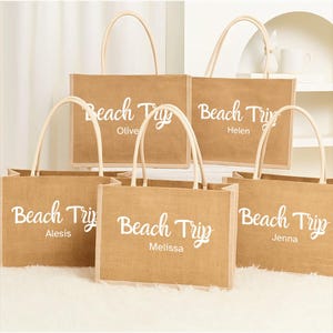 Burlap Tote Bag, Beach Bag, Girls Trip Gift, Bridesmaid Beach Bag, Beach Bag with Name, Birthday Party Bags, Bachelorette Bags, Tote Bags