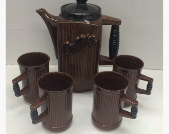 Japan Ceramic Coffee Server With Matching Cups Vintage Red Clay Brown Black Decoration 1950s