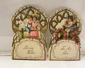 Vintage pair (2) Austria die cut fold down/push down Valentines Day greeting cards...ephemera