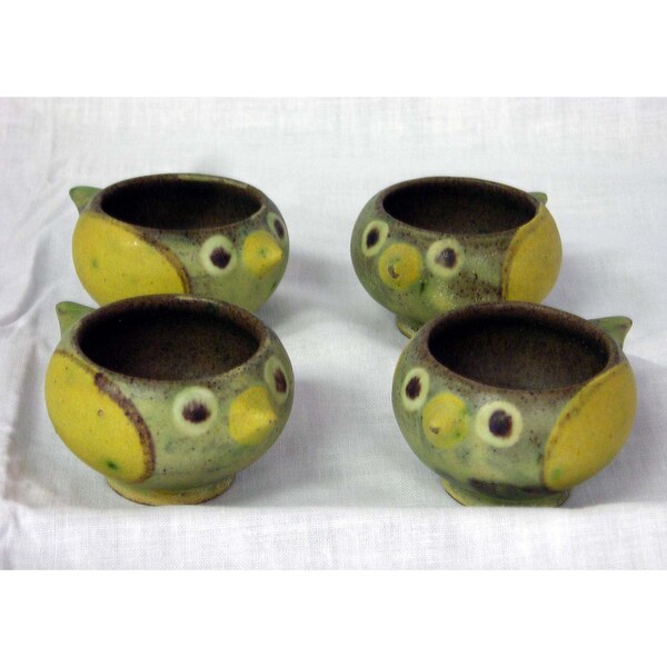 Set 4 Vintage Danish Modern Dybdahl Ceramic Bird Cups Egg Cups Salt Cellars Yellow Green