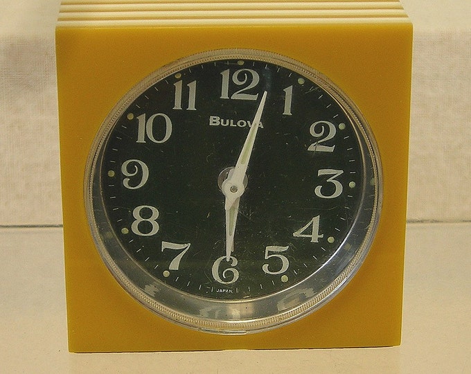 Vintage 1960s MOD OP Bulova Windup Alarm Clock/sq Case Yellow/white