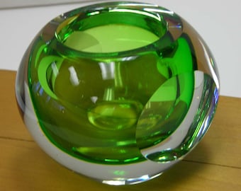 Hand Blown Green Glass Ball Vintage Polished Pontil Votive Holder Sphere Globe