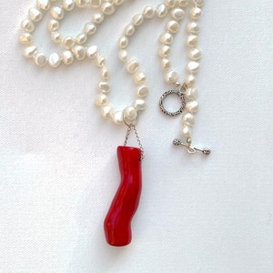 White Freshwater Pearl Necklace with Coral Horn Pendant
