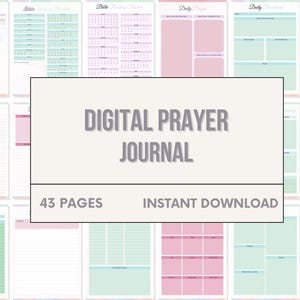 Op de afbeelding: Een digitaal gebedsjournaal met 43 pagina's. De omslag heeft een lichtroze en groene kleurstelling met de tekst "Digital Prayer Journal" en "43 Pages" en "Instant Download".