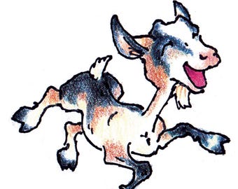 May include: A colorful illustration of a goat leaping joyfully. The goat is depicted with a white face, black and brown patches, and a pink mouth. Green grass is drawn at the bottom, and the artist's signature is visible.