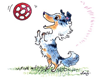 May include: A colorful illustration of a dog playing with a red ball. The dog is blue, white, and brown, with its paws raised as it looks up at the ball. The ball is red with white openings. The dog is standing on green grass.