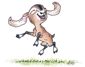 May include: A cartoon illustration of a brown and black goat with large ears and horns, smiling and jumping in the air. The goat is on a green grassy surface with the text "...moment in time..." and a signature.