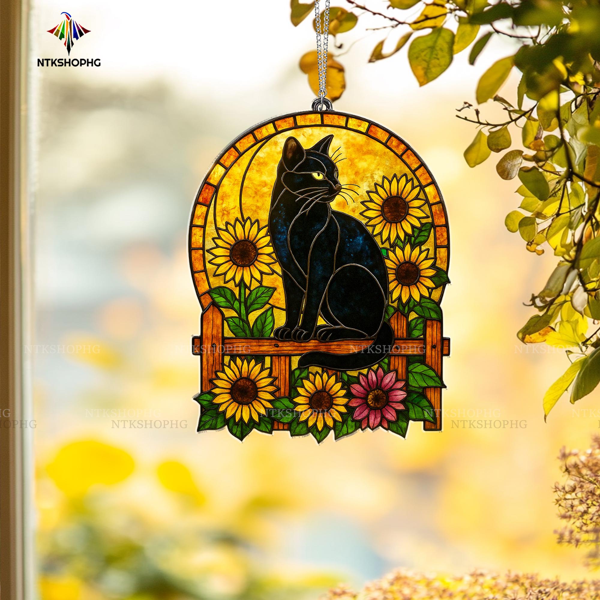 Black Cat Sunflower Suncatcher: Gothic Window Decor, Acrylic Ornament