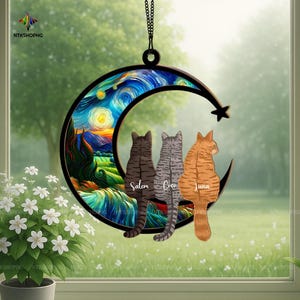 Custom Cat Suncatcher, Engraved Cat Lovers, Couple Cat On Moon Loss of Pet Sympathy Gift, Gift for Cat Lovers, Cat Memorial Gift, Cat mom