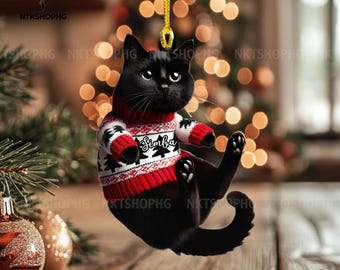 Personalized Black Cat Hanging Christmas Ornament, Black Cat Personalized Black Cat Hanging Christmas Ornament, Black Cat