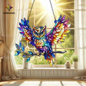 Acrylic Owl Suncatcher: Colorful Window Hanging, Bird Home Decor