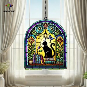 Black Cat Suncatcher: Book Lover Window Hanging, Acrylic Ornament