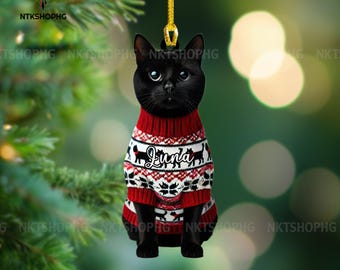 Personalized Black Cat Hanging Christmas Ornament, Black Cat