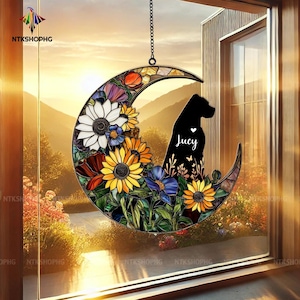 Dog Memorial Moon Suncatcher, Personalized Pet Loss Gift, Dog Silhouette Window Hanging, Custom Dog Name Memorial Decor