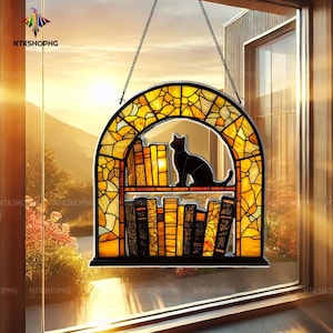 Black Cat and Books Acrylic Suncatcher - Book Lover Window Decor