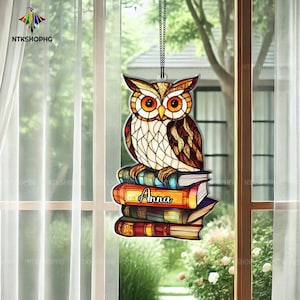 Owl Suncatcher: Acrylic Owl on Books, Bird Lover Gift