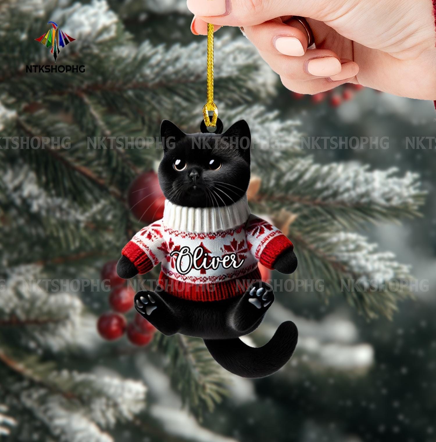 Personalized Black Cat Hanging Christmas Ornament, Black Cat Personalized Black Cat Hanging Christmas Ornament, Black Cat
