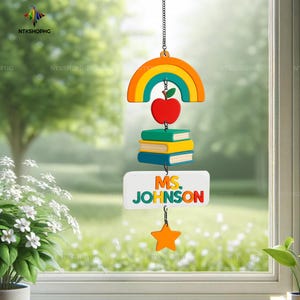 Personalized Teacher Rainbow Sign, Custom Acrylic Door Hanger, Back to School Teacher Gift, Classroom Name Decor, Apple Book Theme