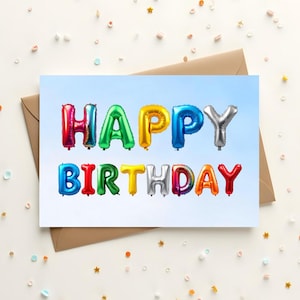 Tarjeta de cumpleaños premium con sobre – tarjeta de felicitación colorida | Feliz Cumpleaños | Escritura hecha con globos | postal con estilo