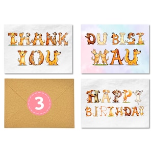 Postkarten Bundle | Happy Birthday | Thank You | Du bist Wau | Hochwertige Postkarten mit lustigen Hundebuchstaben + 3 passende Umschläge