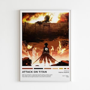 May include: A minimalist poster featuring a scene from the anime Attack on Titan. The poster has a colour palette of orange, brown, and yellow. The image shows a character from the anime standing in front of a burning building. The text "Attack on Titan" is at the bottom of the poster.