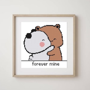 May include: A white and brown bear hug each other with the text "forever mine" below them.