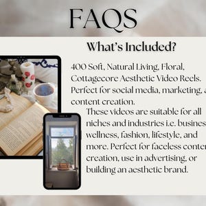 May include: A digital graphic with the title "FAQs" and the text "What's Included?" lists 400 video reels for social media, marketing, and content creation. The image includes a tablet and a smartphone.