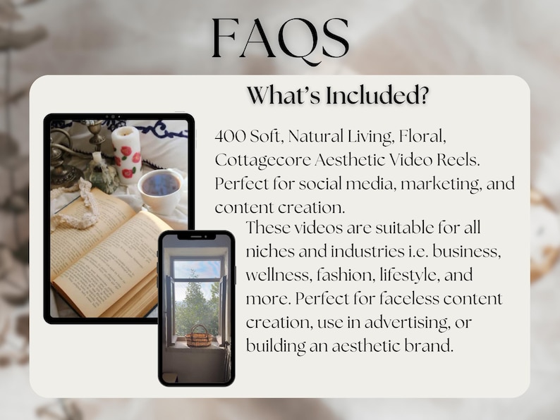 May include: A digital graphic with the title "FAQs" and the text "What's Included?" lists 400 video reels for social media, marketing, and content creation. The image includes a tablet and a smartphone.