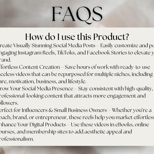 May include: Cream-colored graphic with the title "FAQs" and the question "How do I use this Product?" Text describes how to use the product for social media posts, content creation, and enhancing digital products.
