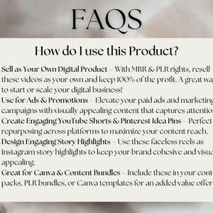 May include: A cream-colored graphic with the title "FAQs" and the question "How do I use this Product?" The text provides tips on using digital products for business, including reselling, ads, YouTube Shorts, and Canva bundles.