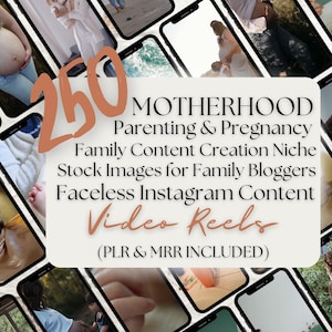 Può includere: Una raccolta di schermi di smartphone che mostrano immagini a tema famiglia e gravidanza. La sovrapposizione di testo recita: "250 MOTHERHOOD Parenting & Pregnancy Family Content Creation Niche Stock Images for Family Bloggers Faceless Instagram Content Video Reels (PLR & MRR INCLUDED)".