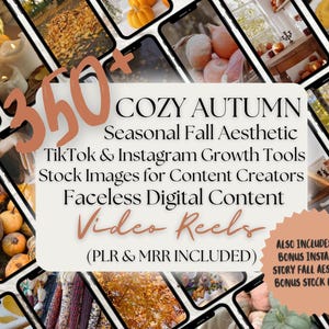 Peut inclure: Un collage d'écrans de smartphones affichant des images sur le thème de l'automne, avec des citrouilles, des bougies et des feuilles. Le texte superposé indique "COZY AUTUMN" et des détails sur les images.