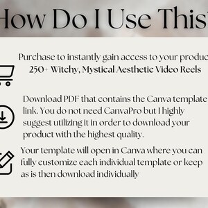 May include: A beige graphic with the text "How Do I Use This?" and instructions for accessing and customizing video reels. Includes icons of a shopping cart, a download arrow, and a pencil. The text describes how to download and customize the templates.